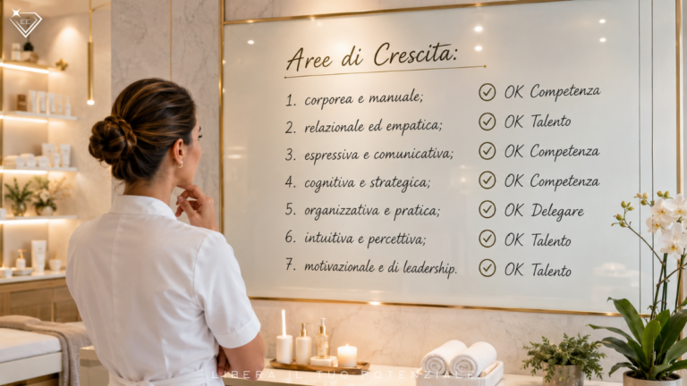 Estetista professionista davanti alla mappa delle aree di crescita tra talento, competenza e delega.