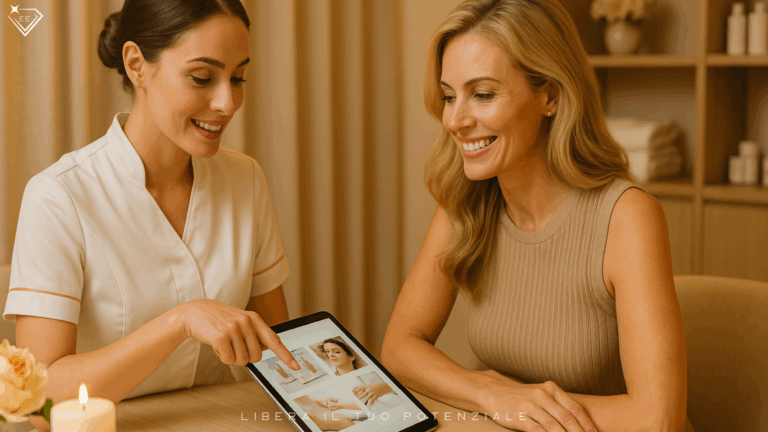 Estetista professionista durante una consulenza personalizzata per fidelizzare la cliente nel centro estetico, mostrando un percorso basato sul valore e sulla fiducia.