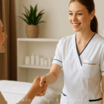 Giovane estetista in camice bianco moderno con inserti blu e oro accoglie sorridendo una cliente in un centro estetico luminoso e accogliente, stringendole la mano.