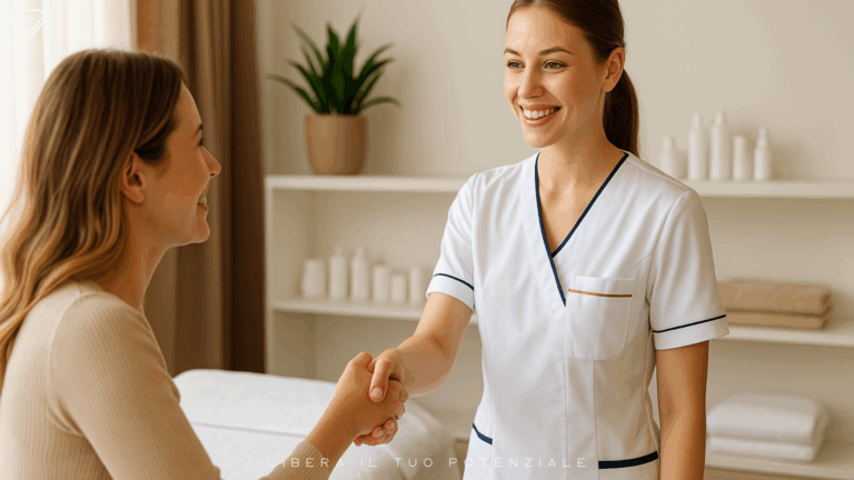 Competenze da estetista professionista: giovane estetista in camice bianco moderno con inserti blu e oro accoglie sorridendo una cliente in un centro estetico luminoso e accogliente, stringendole la mano.”