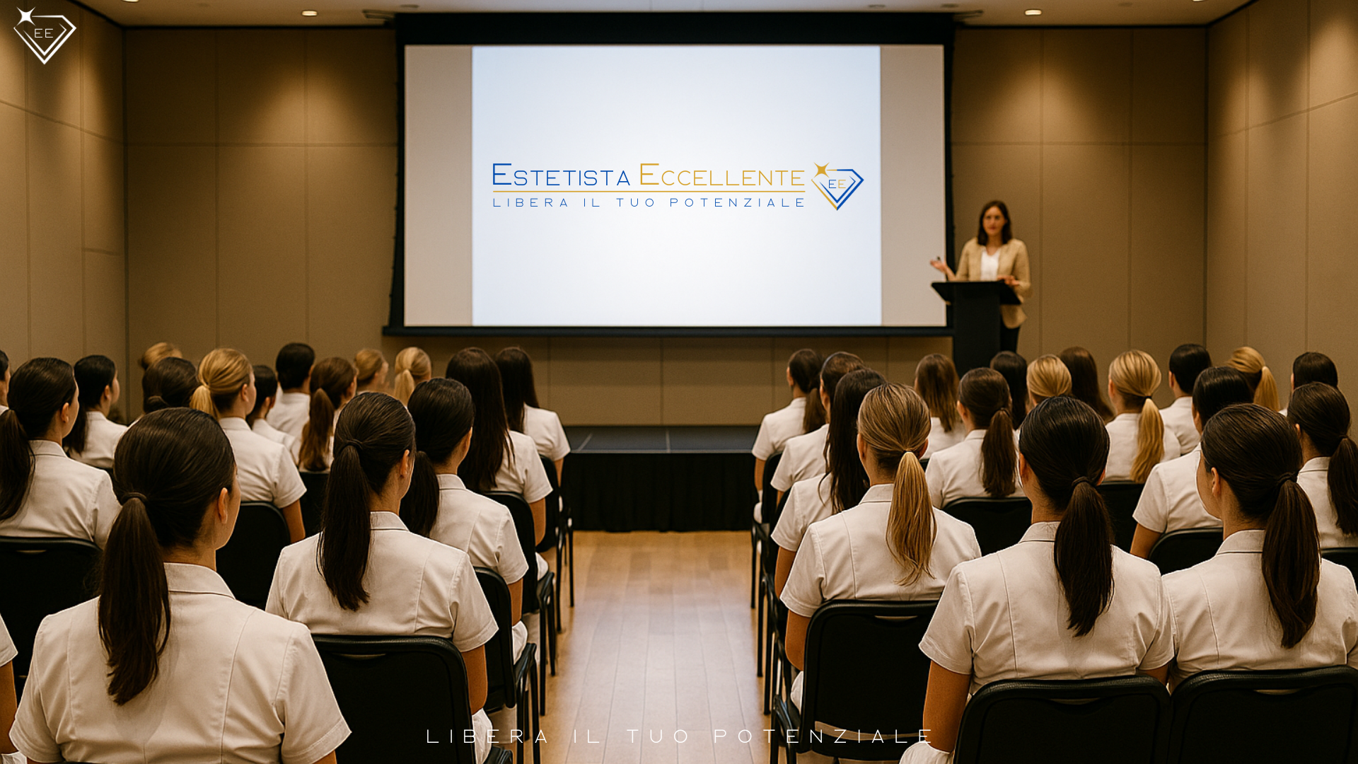 estetiste al congresso di Evoluzione dell’estetica professionale in una moderna sala congressi. Davanti a loro un palco con grande schermo bianco, atmosfera professionale e coinvolgente.