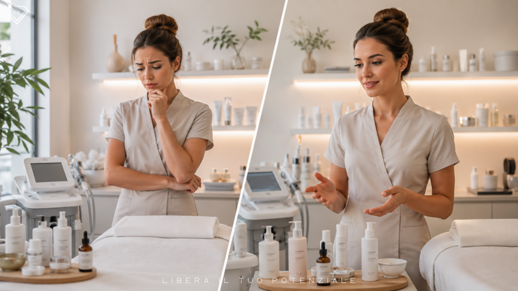 Estetista professionista rappresentata tra dubbio e convinzione sul valore di prodotti, tecnologie e trattamenti estetici.