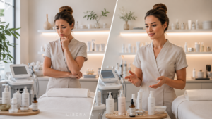 Estetista professionista rappresentata tra dubbio e convinzione sul valore di prodotti, tecnologie e trattamenti estetici.