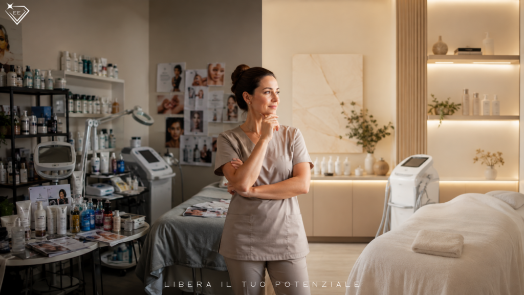 Estetista al centro tra un centro estetico disordinato e uno coerente, simbolo delle credenze sul proprio progetto professionale.