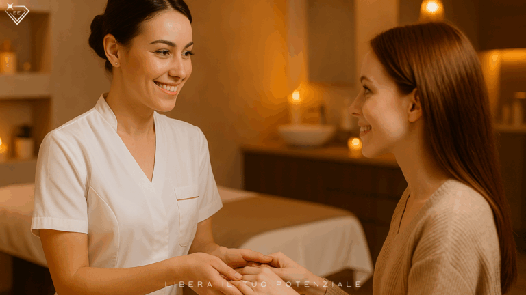 Come diventare estetista Eccellente. Estetista professionista in camice bianco accoglie con un sorriso una cliente in un centro estetico moderno e accogliente, illuminato da luci calde.