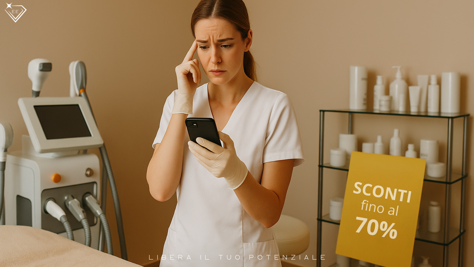 Un’estetista, con espressione preoccupata, guarda il cellulare in una cabina estetica moderna ma vuota. Attorno a lei ci sono tecnologie di ultima generazione, scaffali con prodotti professionali e un cartello che indica 'Sconti fino al 70%'. Il lettino davanti a lei è vuoto, creando un senso di preoccupazione e incertezza.