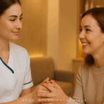 Estetista giovane con camice bianco moderno con inserti blu e oro, capelli raccolti, ascolta con attenzione una cliente sorridente che le stringe le mani in un centro estetico moderno e accogliente con colori caldi.