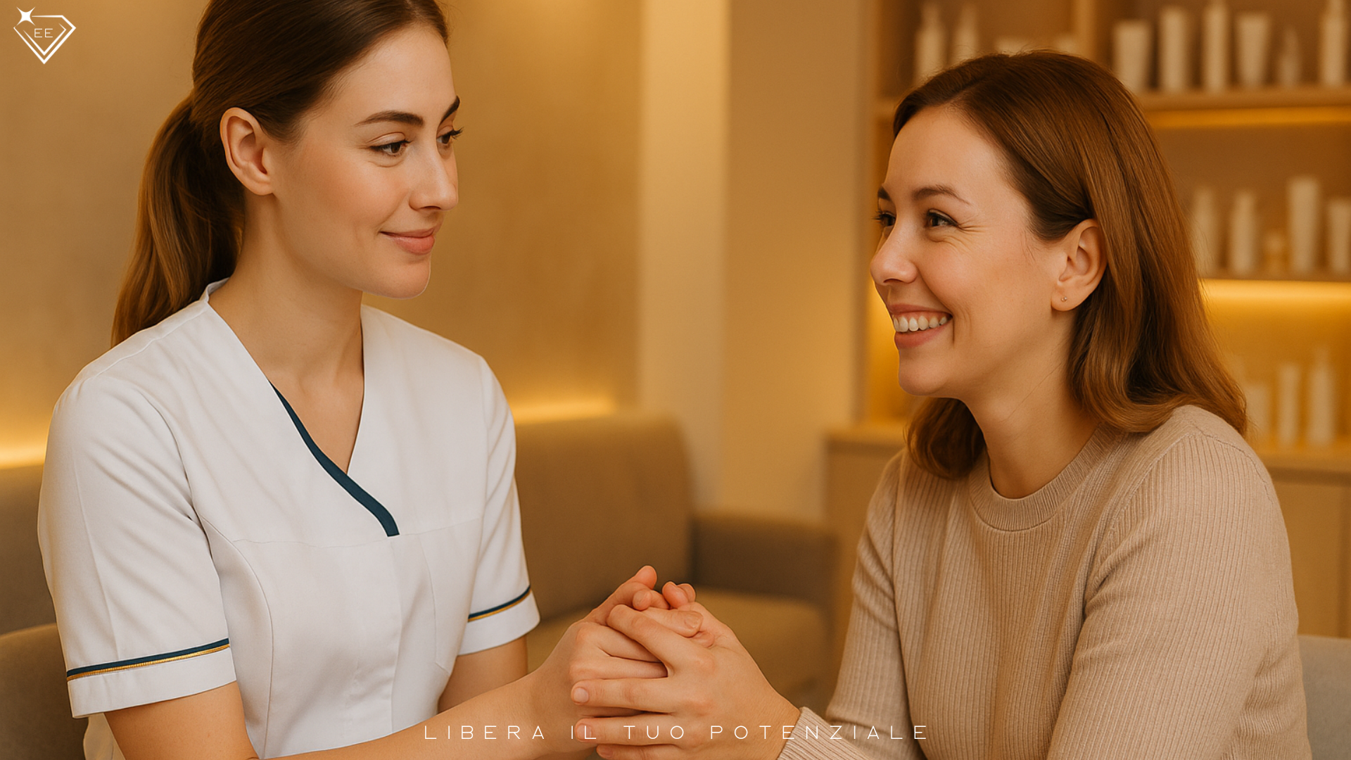 Estetista giovane con camice bianco moderno con inserti blu e oro, capelli raccolti, ascolta con attenzione una cliente sorridente che le stringe le mani in un centro estetico moderno e accogliente con colori caldi.