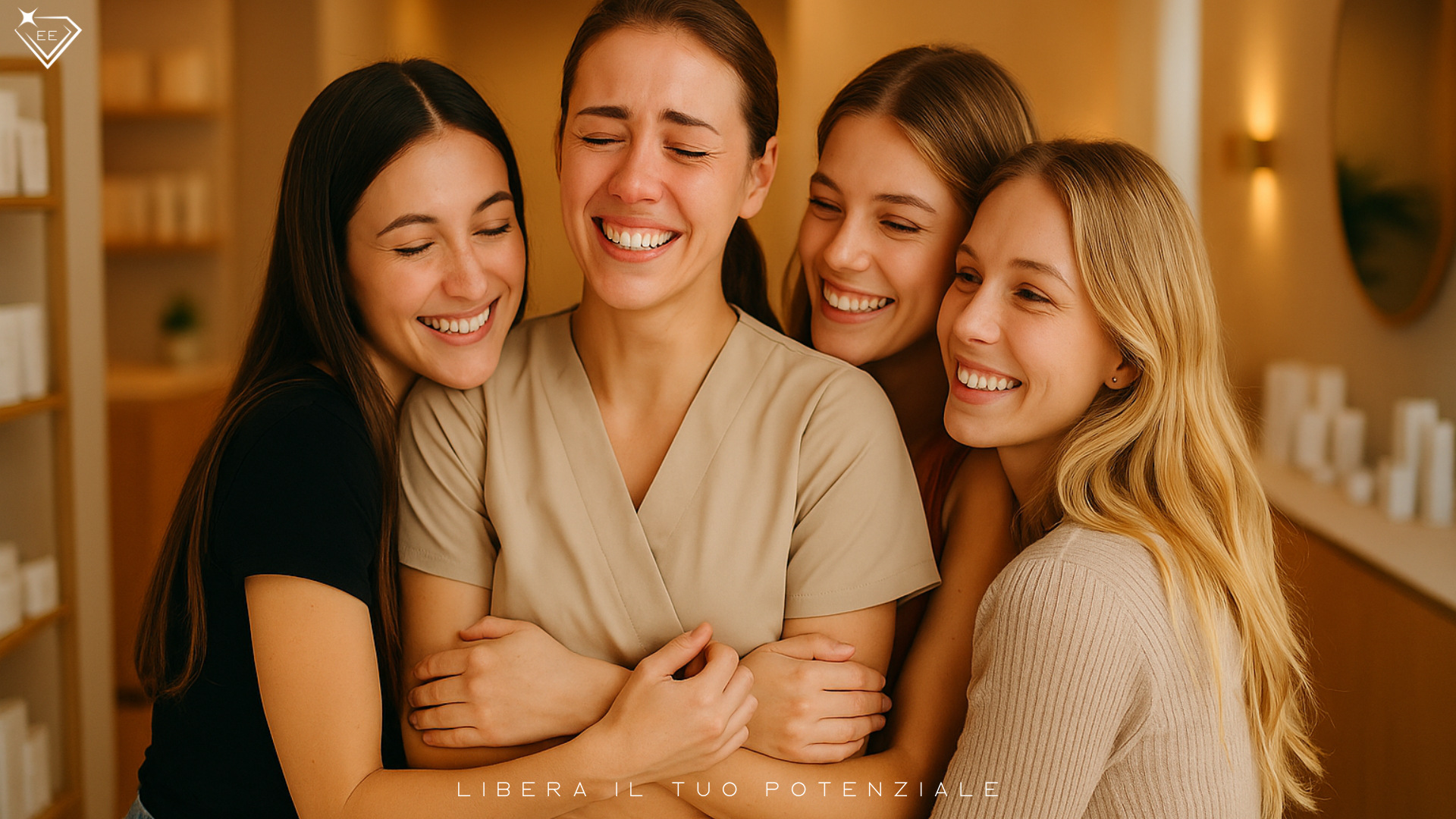 "Una giovane estetista sorridente, visibilmente commossa, viene abbracciata da tre clienti giovani in un centro estetico moderno e accogliente. L’atmosfera è calda, luminosa e ricca di gratitudine. La scena comunica connessione profonda, impatto emotivo e valore del lavoro svolto."