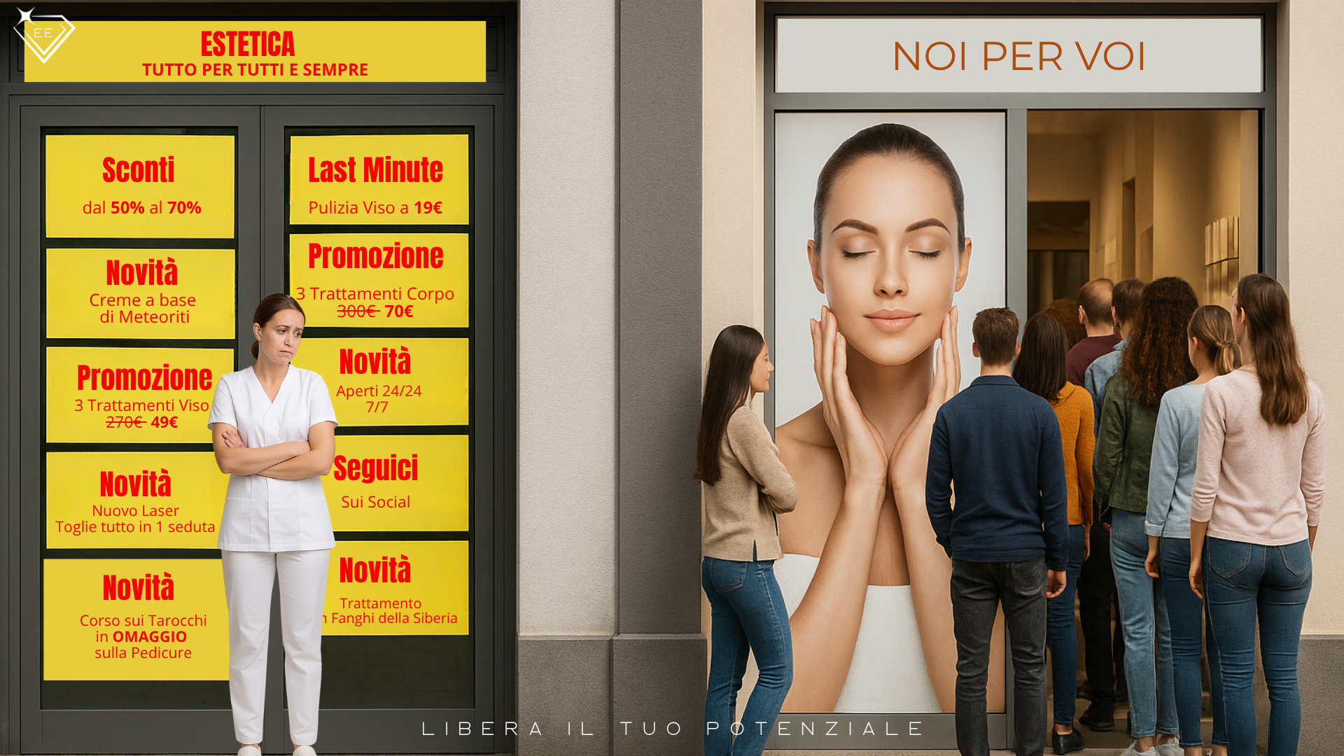 Due ingressi affiancati di centri estetici: a sinistra una porta vetrata coperta da cartelli con scritte 'Offerta', 'Sconti' e 'Novità', senza nessuno davanti; a destra l’ingresso di un centro benessere con immagini rilassanti e una fila di persone in attesa di entrare