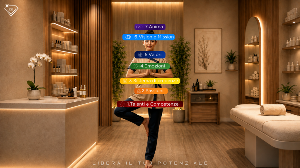 Estetista in equilibrio in un centro estetico moderno e zen, simbolo del percorso per diventare un’Estetista Eccellente attraverso Identità, consapevolezza ed evoluzione professionale.
