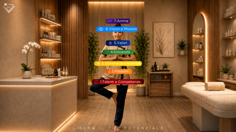 Estetista in equilibrio in un centro estetico moderno e zen, simbolo del percorso per diventare un’Estetista Eccellente attraverso Identità, consapevolezza ed evoluzione professionale.