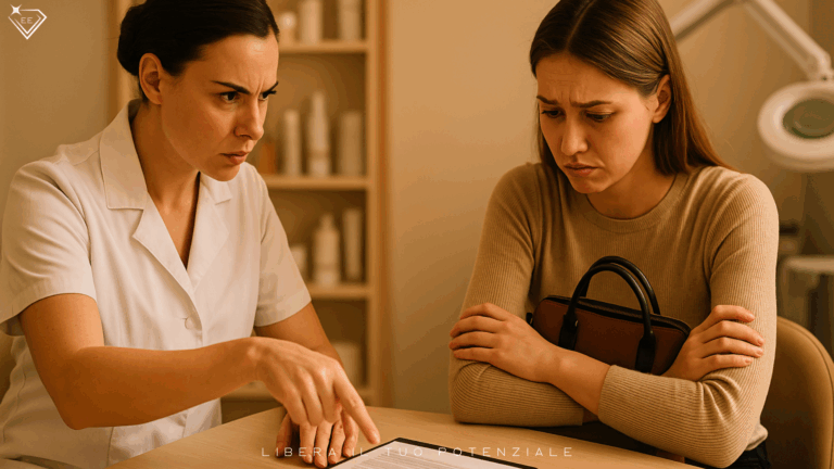 Estetista applica tecniche di vendita mentre la cliente appare sotto pressione durante una consulenza nel centro estetico.