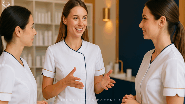 Tre estetiste in camice bianco con dettagli oro e blu parlano in un centro moderno, simbolo di evoluzione estetica professionale.