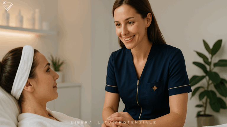 Estetista professionista in camice bianco e navy accoglie una cliente in cabina con comunicazione empatica, fondamentale per diventare estetista eccellente.