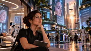 Futuro estetica professionale: estetista in una città tecnologica dominata dall’AI che mette al centro identità, relazione e cura delle persone