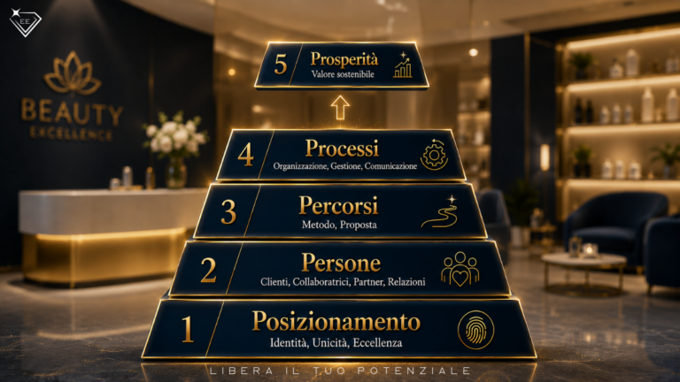 Le 5 P del Marketing Evolutivo per Centri Estetici rappresentate da Posizionamento, Persone, Percorsi, Processi e Prosperità.