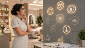 Estetista professionista osserva una mappa dei talenti e delle competenze da sviluppare per far crescere il proprio Centro estetico.