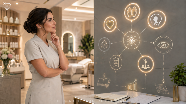 Estetista professionista osserva una mappa dei talenti e delle competenze da sviluppare per far crescere il proprio Centro estetico.