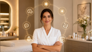 Estetista professionista al centro di sette simboli che rappresentano i diversi tipi di talento dell’estetista: manualità, relazione, comunicazione, strategia, organizzazione, intuizione e leadership.