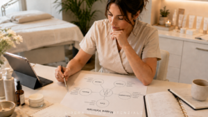 Estetista consulta una Mappa Valoriale con cura, rispetto, professionalità, crescita e libertà per guidare le scelte del centro estetico.