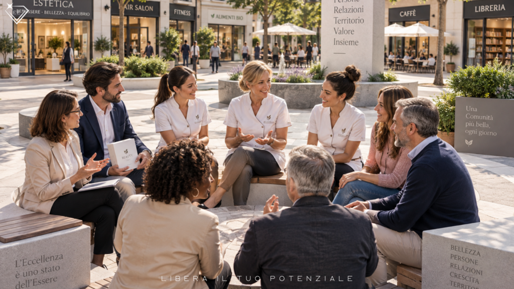 Estetiste, professionisti e persone della Community riuniti in una piazza, simbolo di persone e relazioni nell’evoluzione estetica professionale
